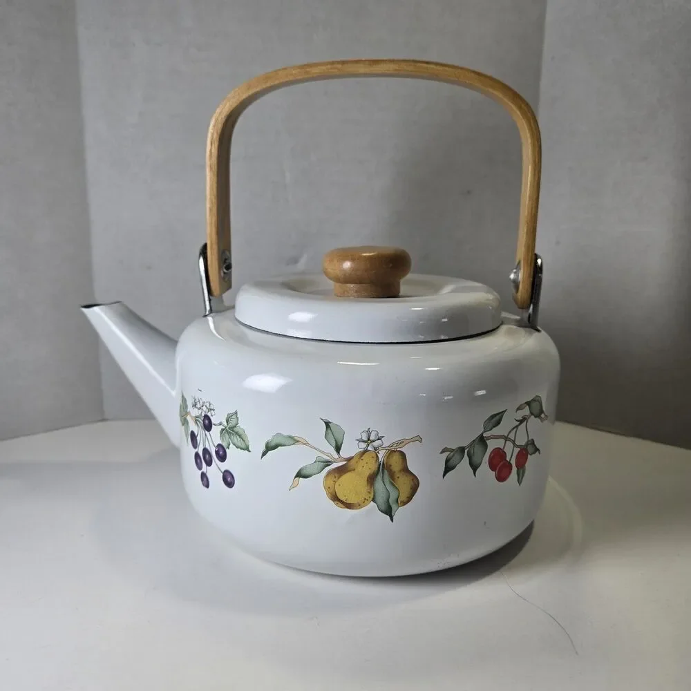 Vtg Tabletops Unlimited DULCIE Enamel Tea Kettle Fruit Pattern Wood Handle 2.3qt